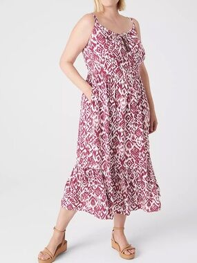 LANE BRYANT Petite Plus Pink Ikat Tie-Neck Midi Dress